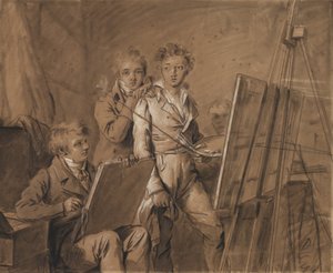 Drie jonge kunstenaars in een studio door Louis Leopold Boilly